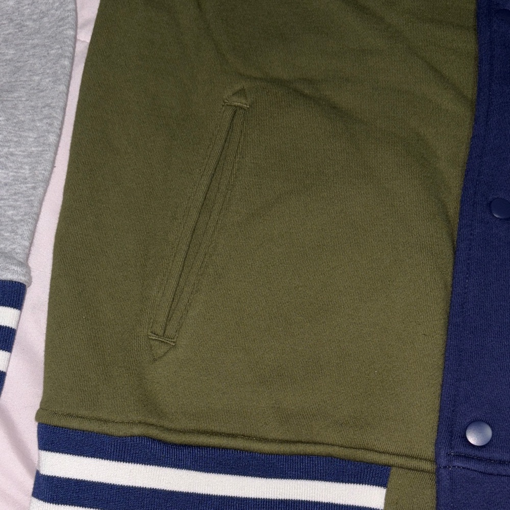Champion Kids' Two-Tone Varsity Jacket - Olive, Navy, and Gray EUC - Picture 5 of 7